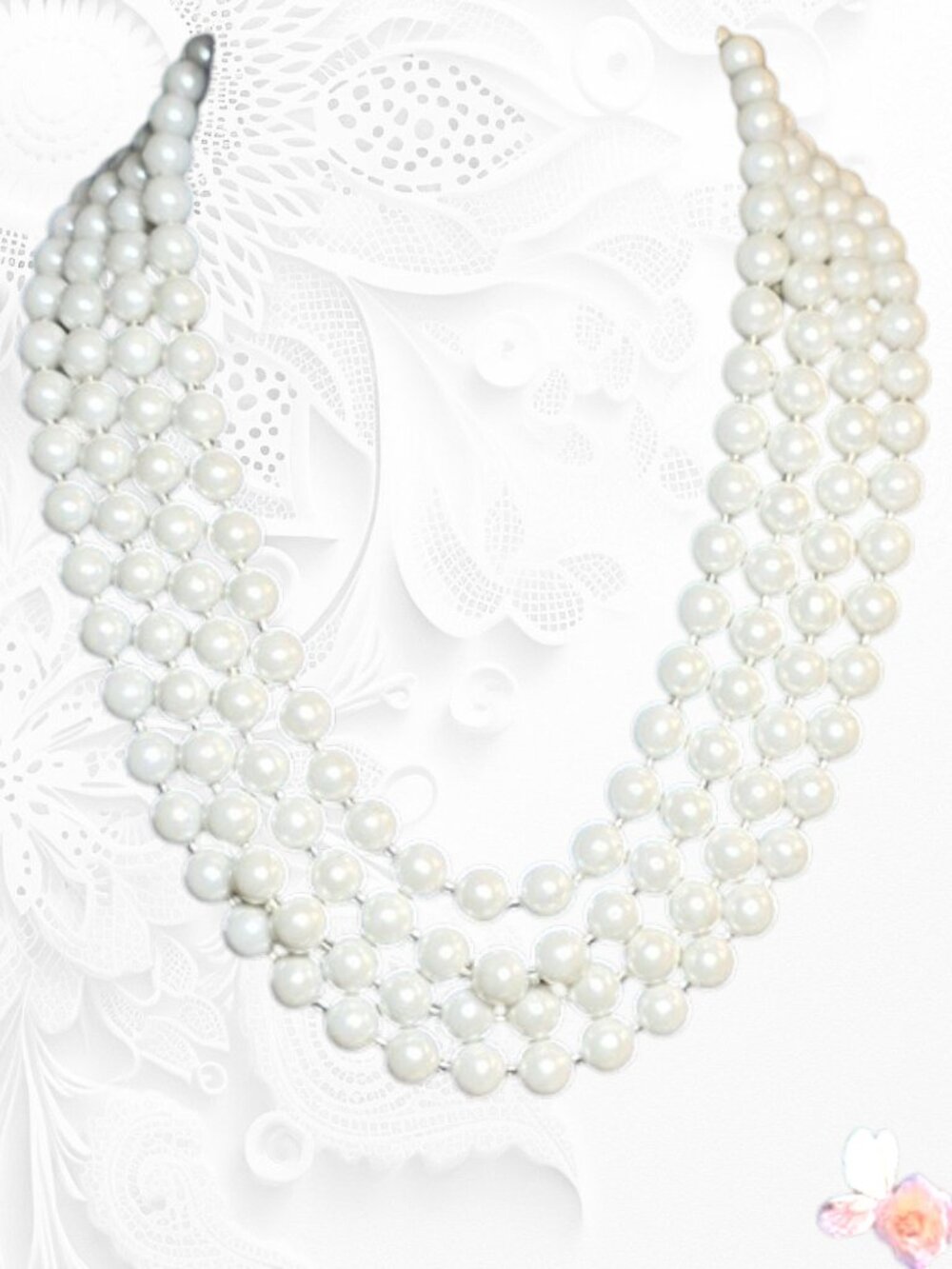 Vintage Signed Japan Wedding White Acrylic Pearl Multi-Strand Necklace 438